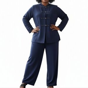 R&M Richards Karen Kwong Pant Suit 22W Navy Wide Leg Pants Long Blazer Vintage